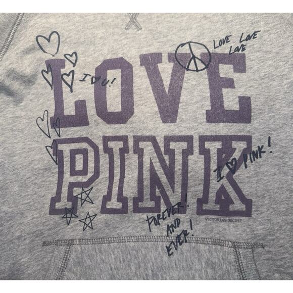 Y2K VS PINK Hoodie Sz Small Gray Love Graphic Preppy Collegiate Sporty Casual - Picture 2 of 5